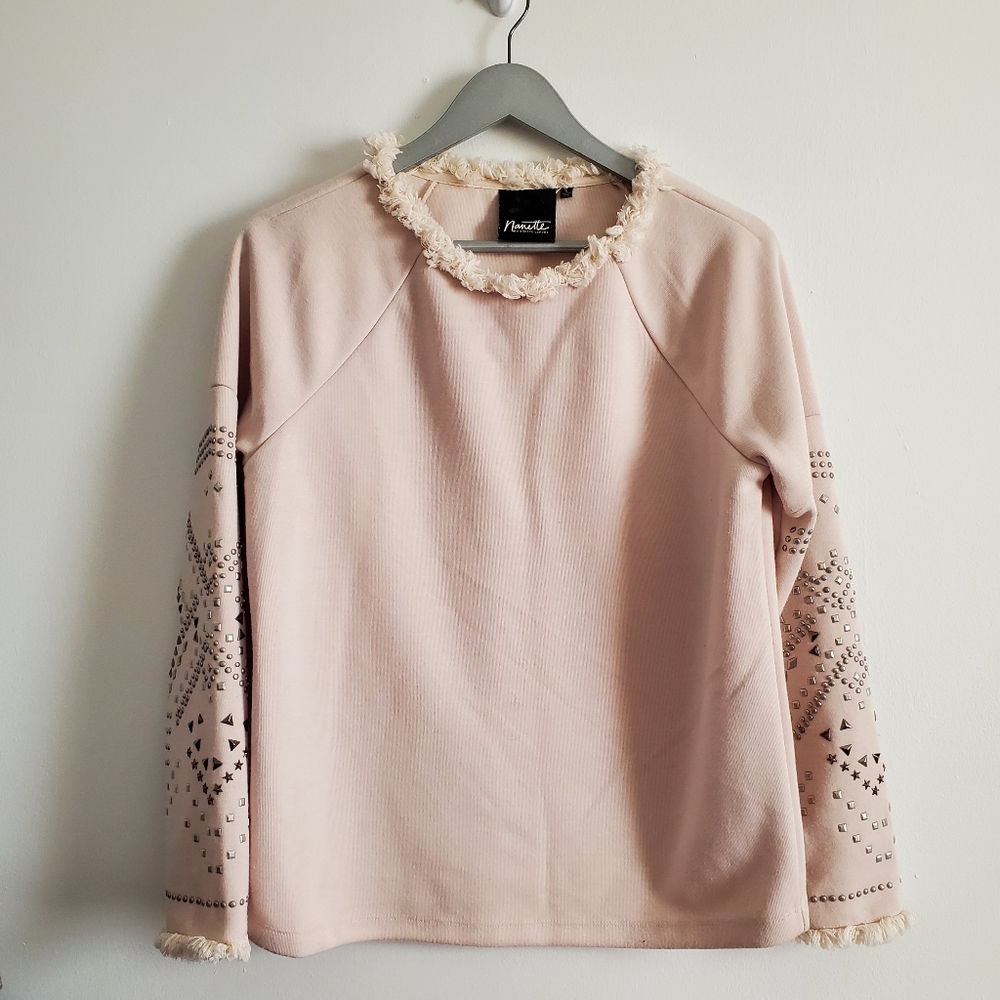 Studded Sleeve Fringe Crew Neck Sweatshirt